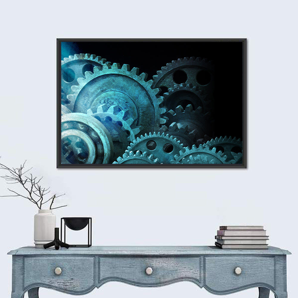 Teal and Steel Cogwheel Close-up Wall Art