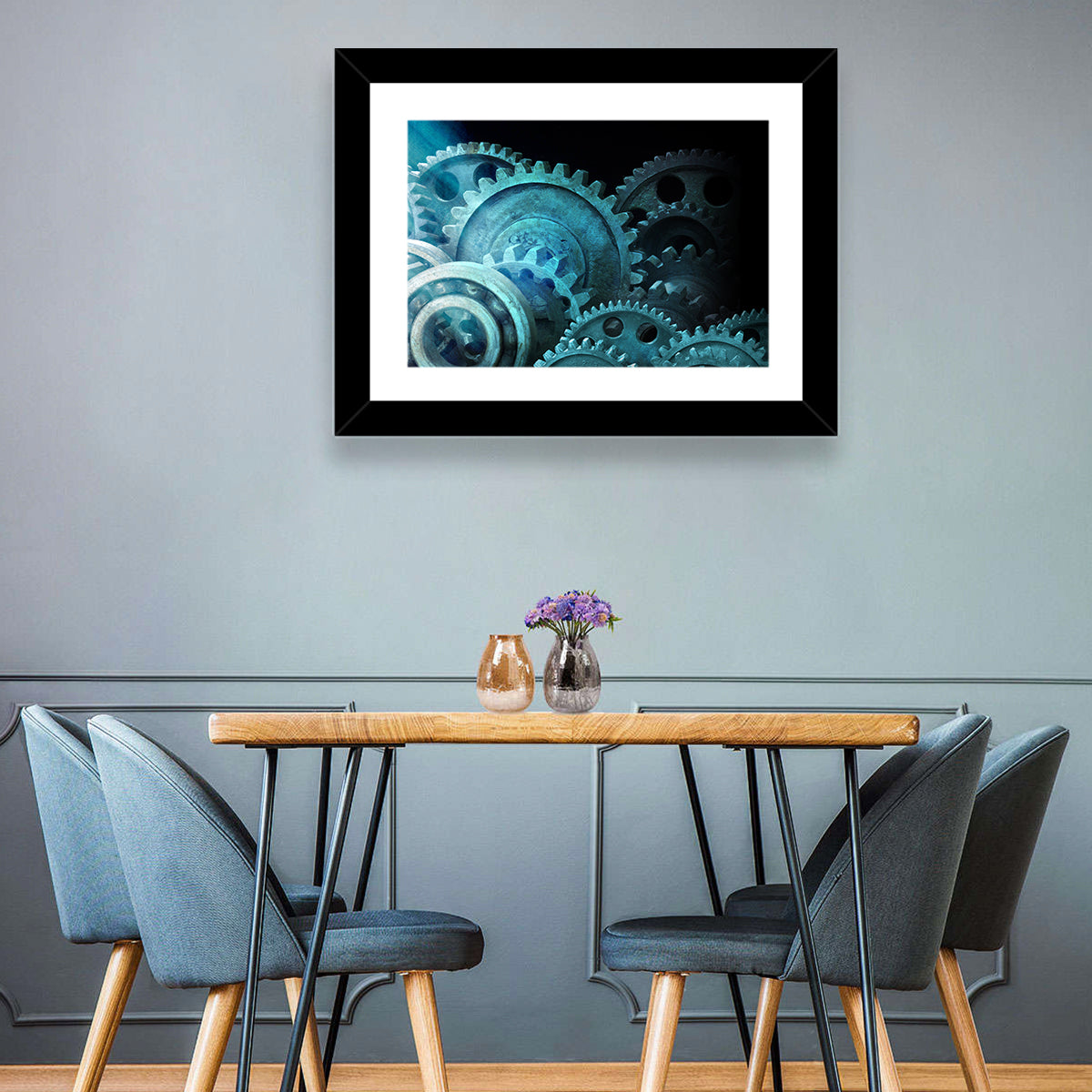 Teal and Steel Cogwheel Close-up Wall Art in a room, landscape