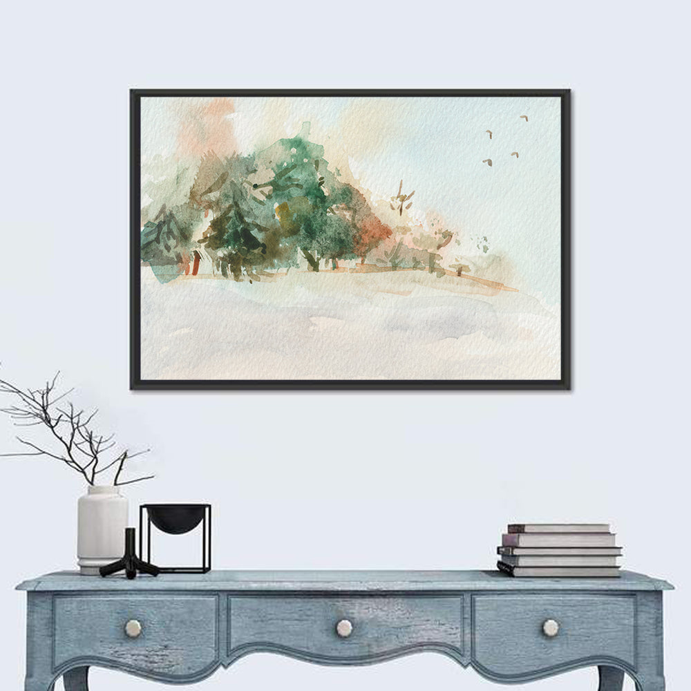 Winter Forest Watercolor Landscape Wall Art in a room, landscape