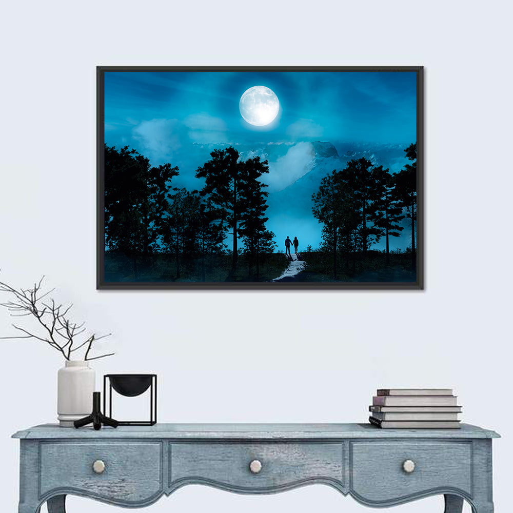 Couple Under Full Moon Wall Art in a room, landscape
