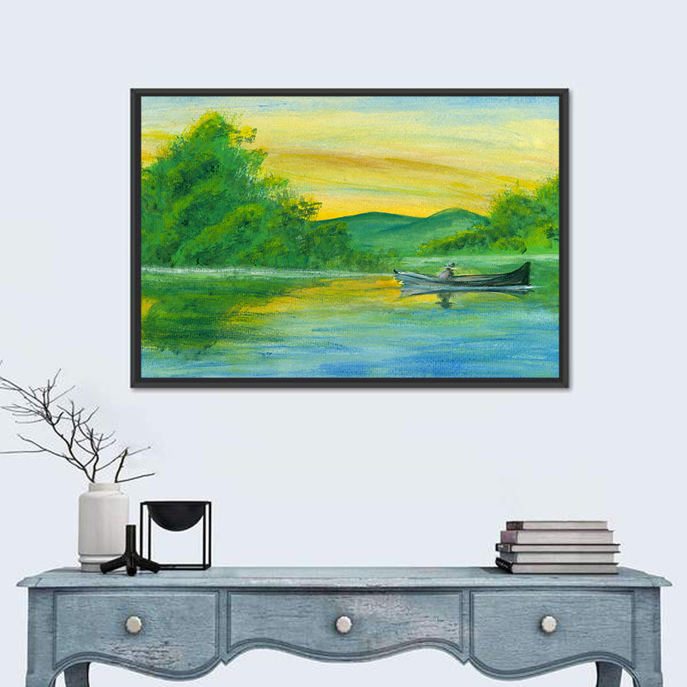 Rowboat on Serene Lake Watercolor Wall Art in a room, landscape