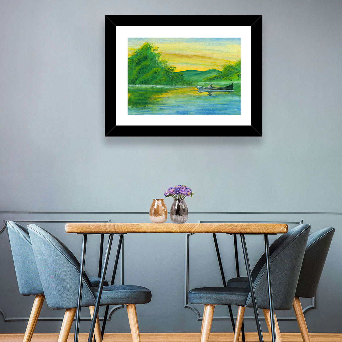 Rowboat on Serene Lake Watercolor Wall Art in a room, landscape