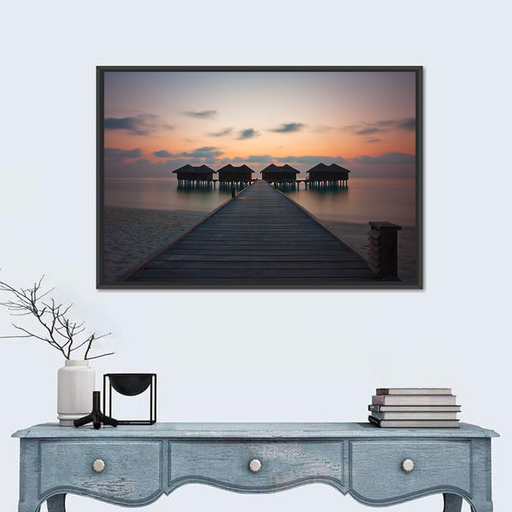 Overwater Bungalows at Sunset Wall Art in a room, landscape