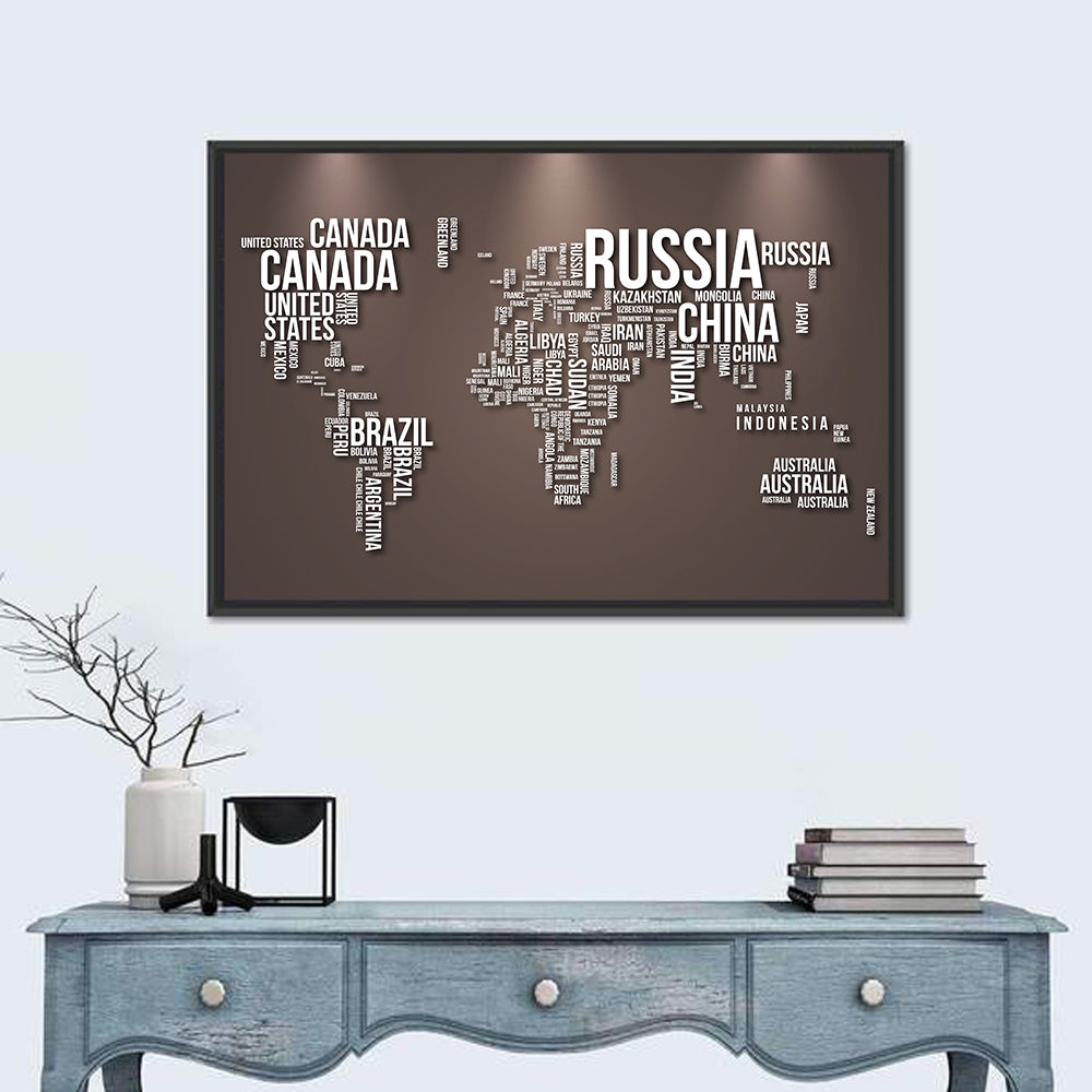 World Map Typography in Brown and White Wall Art