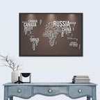 World Map Typography in Brown and White Wall Art