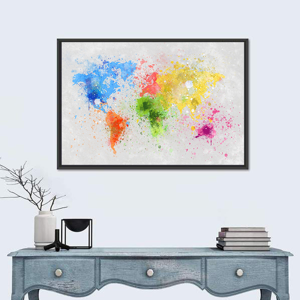 Vibrant Watercolor World Map Wall Art in a room, landscape