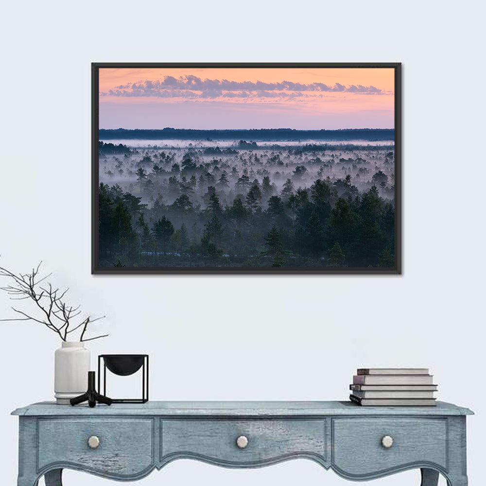Estonian Misty Pine Landscape Wall Art in a room, landscape
