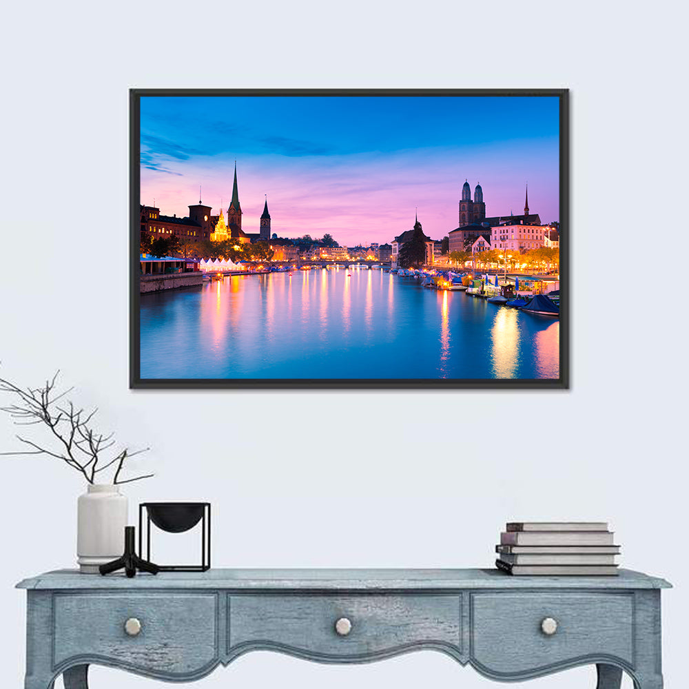 Zurich Blue Hour Over the Limmat Wall Art in a room, landscape
