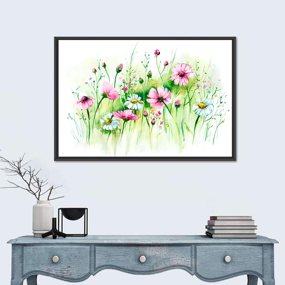 Airy Wildflower Meadow Watercolor Wall Art in a room, landscape