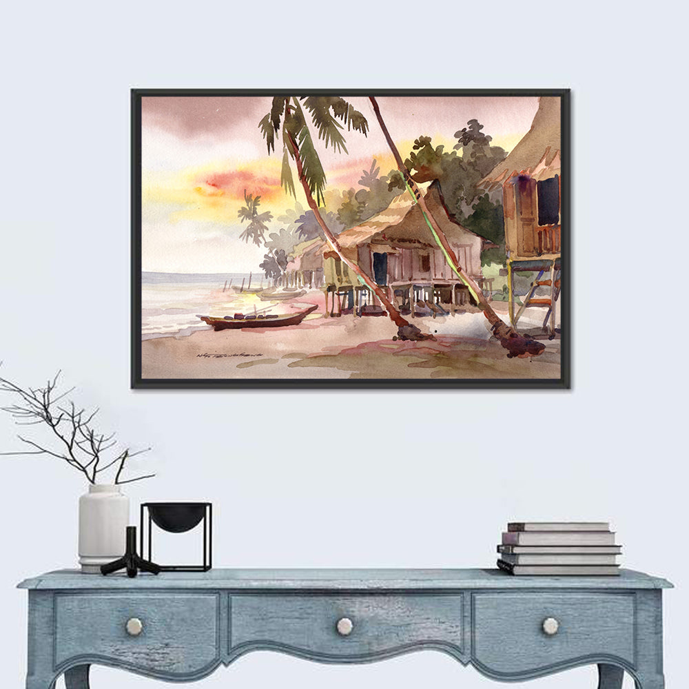 Malaysian Coastal Village at Sunset Wall Art in a room, landscape