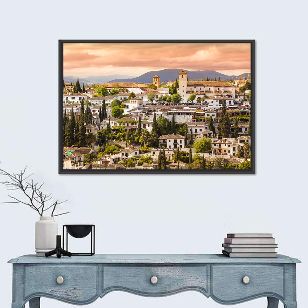 Granada Albaicín Sunset Cityscape Wall Art in a room, landscape