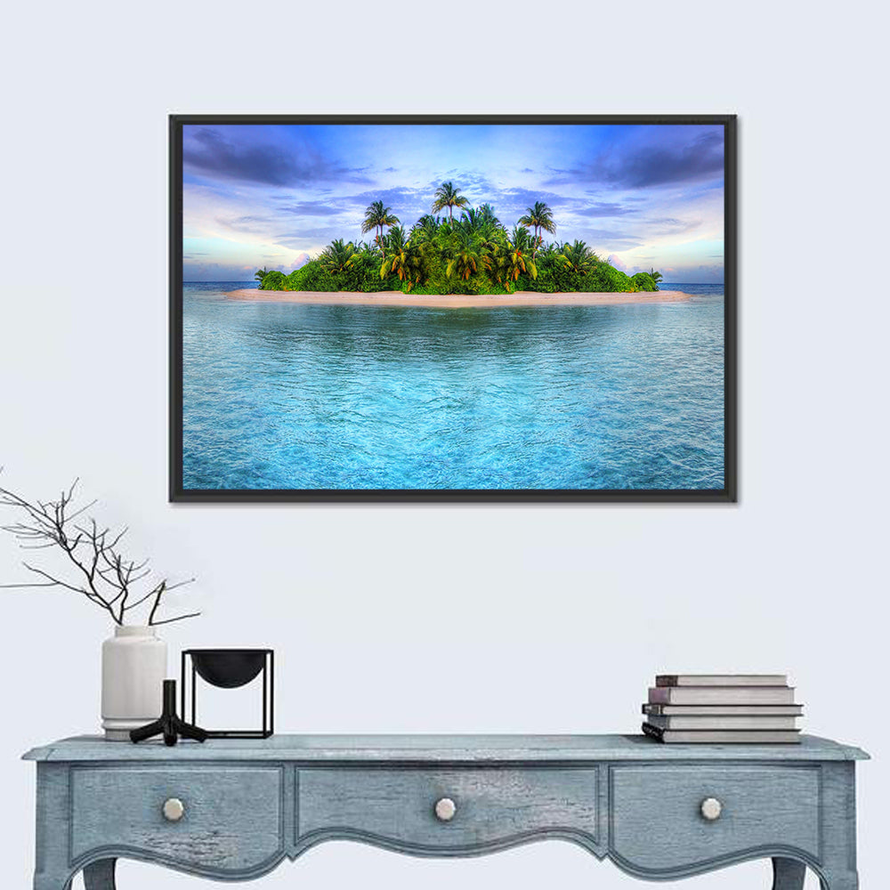Mirrored Tropical Island Lagoon Wall Art in a room, landscape