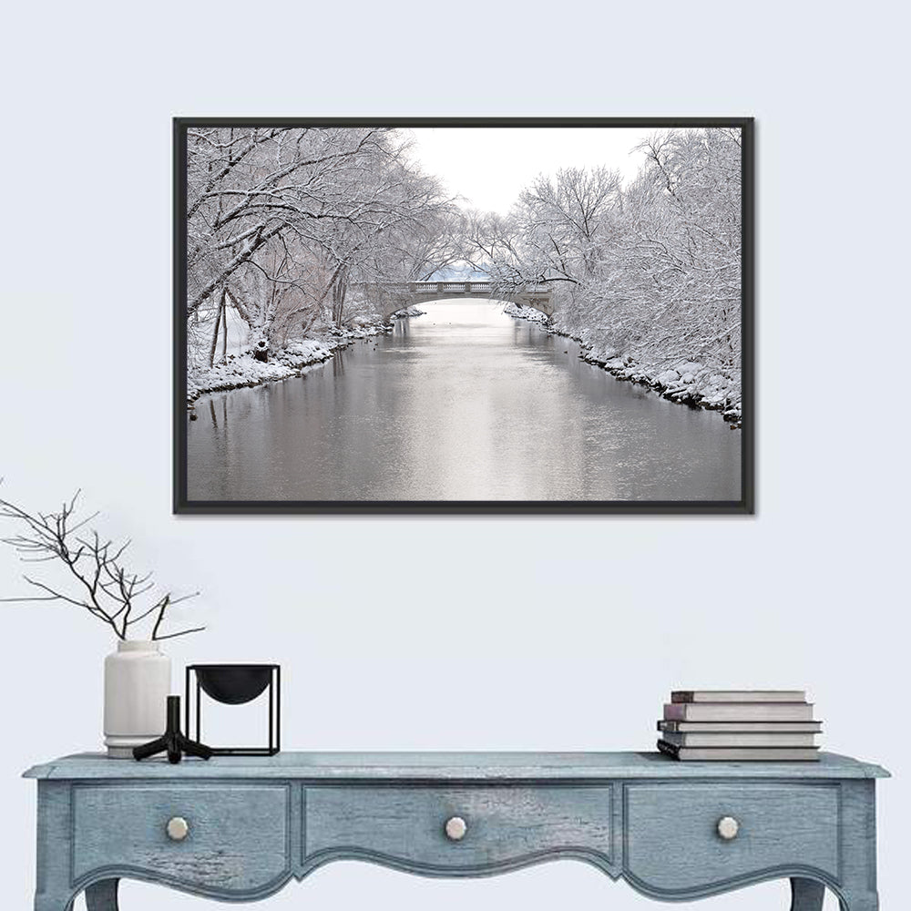Yahara River Winter Stone Bridge Wall Art in a room, landscape