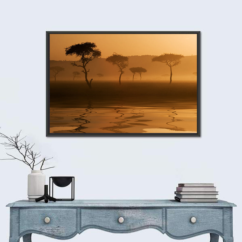 Savanna Sunset Acacia Silhouettes Wall Art in a room, landscape