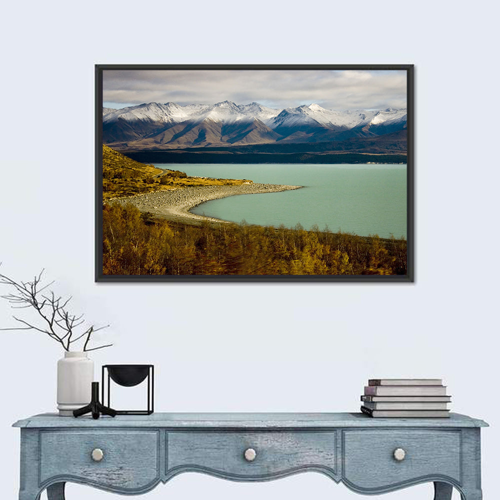 Lake Pukaki Autumn Shoreline Wall Art in a room, landscape