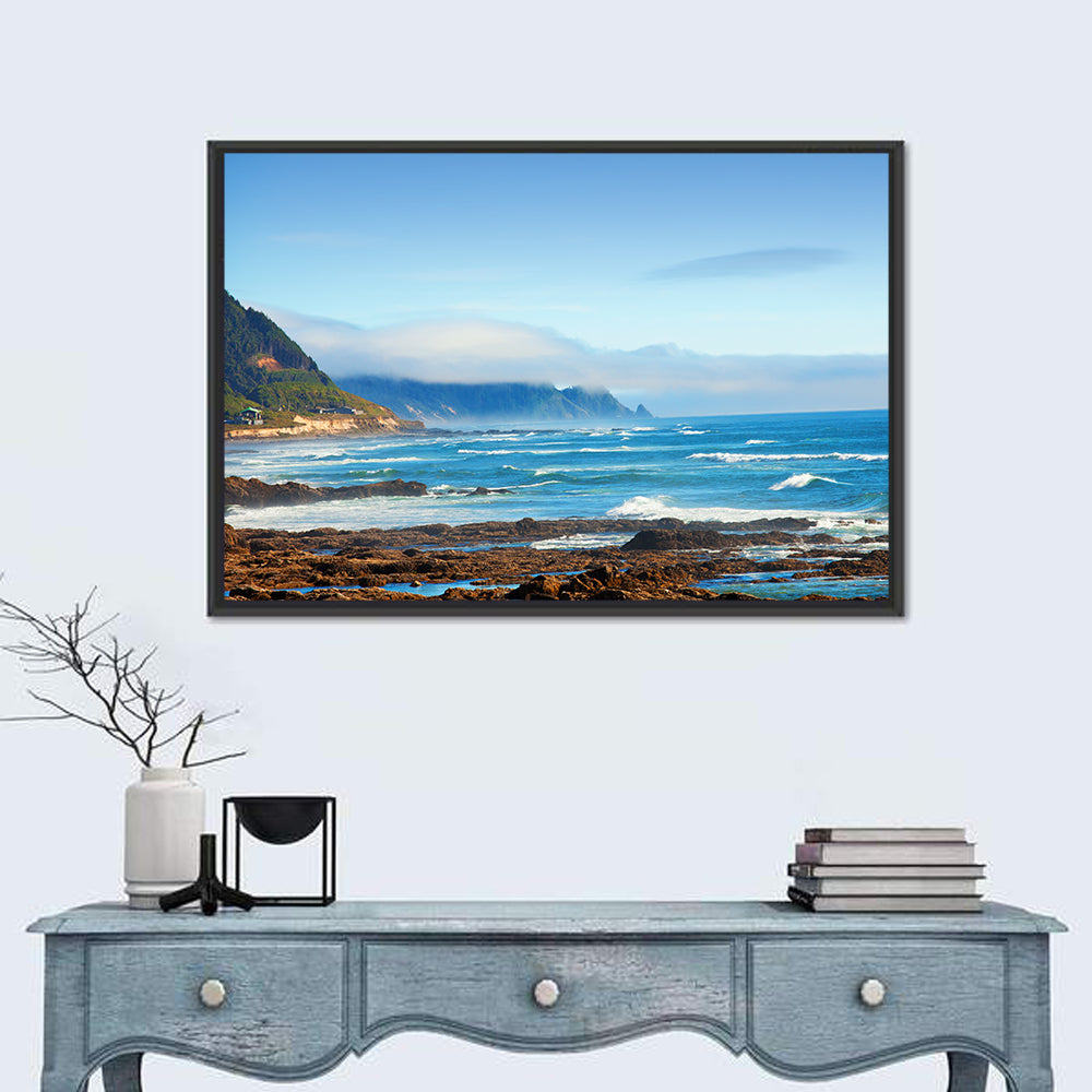 Misty Oregon Coast Tide Pools Wall Art in a room, landscape