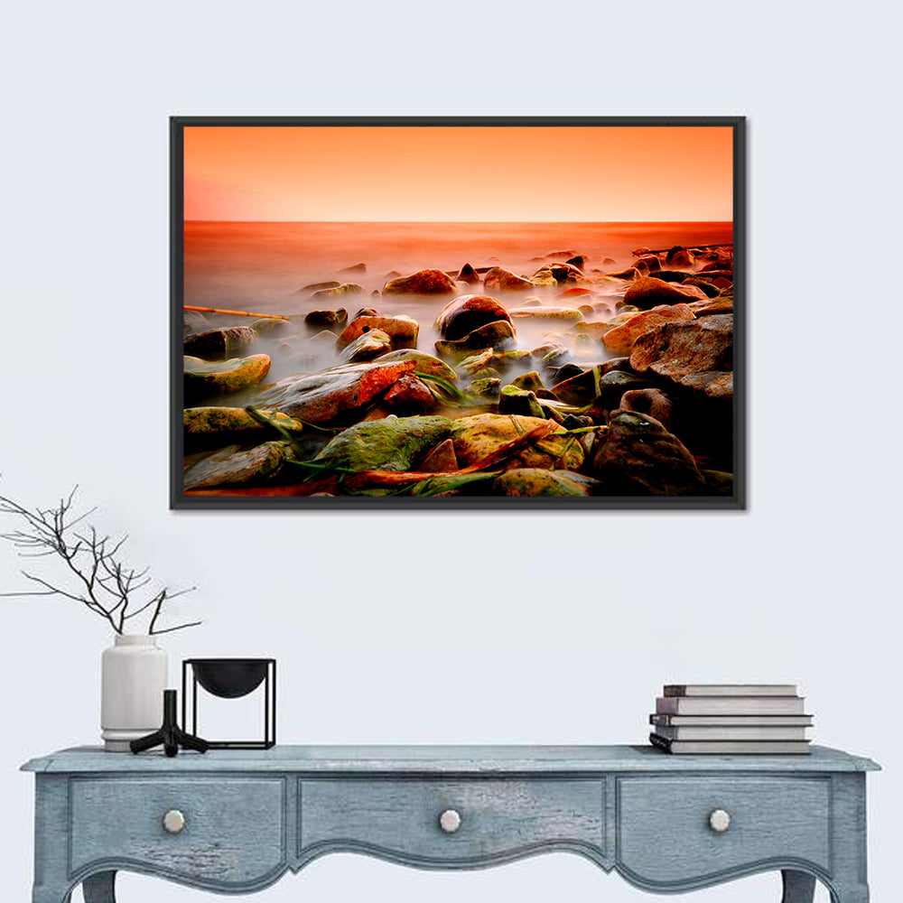 Lake Shore Sunset Wall Art in a room, landscape