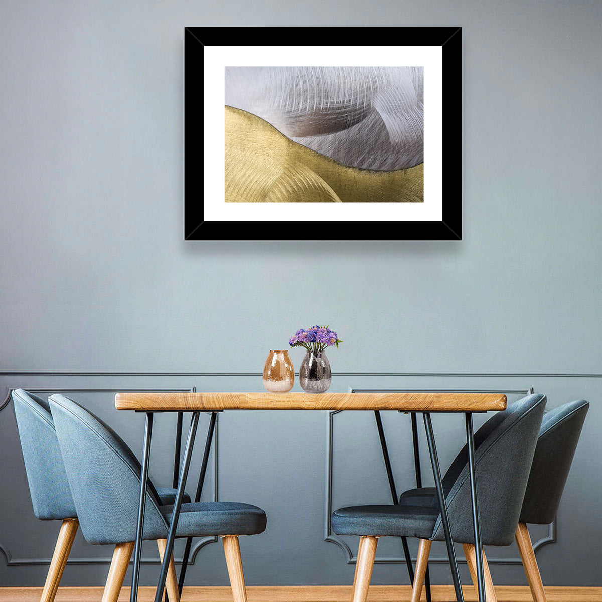 Thin Line Metallic Abstract Wall Art in a room, landscape