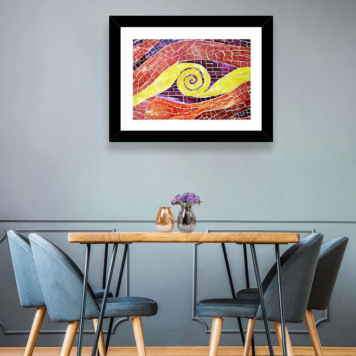 Red and Yellow Spiral Mosaic Wall Art in a room, landscape