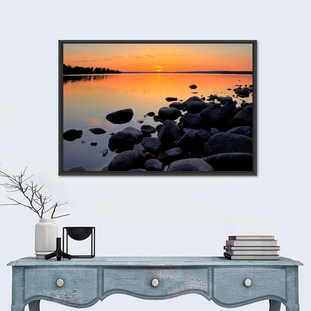 Rocky Lake Sunset Wall Art in a room, landscape
