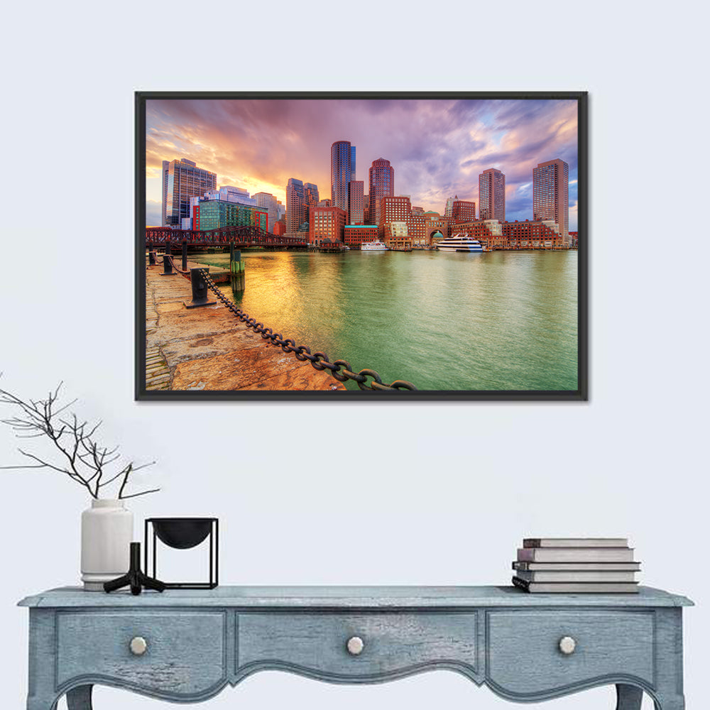 Boston Harbor Skyline at Sunset Wall Art in a room, landscape