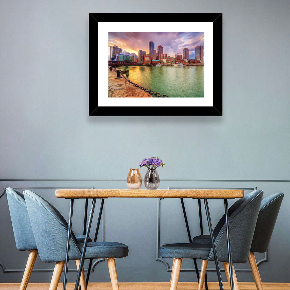 Boston Harbor Skyline at Sunset Wall Art in a room, landscape