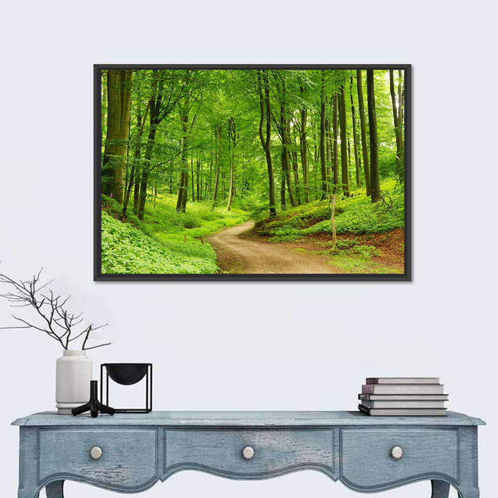 Sunlit Forest Path Wall Art in a room, landscape