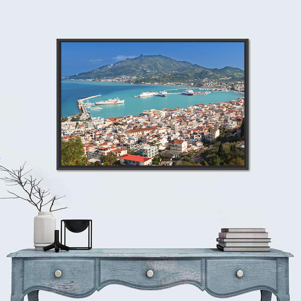 Zakynthos Harbor View Wall Art in a room, landscape