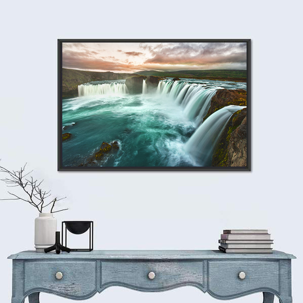 Goðafoss Waterfall at Golden Hour Wall Art in a room, landscape