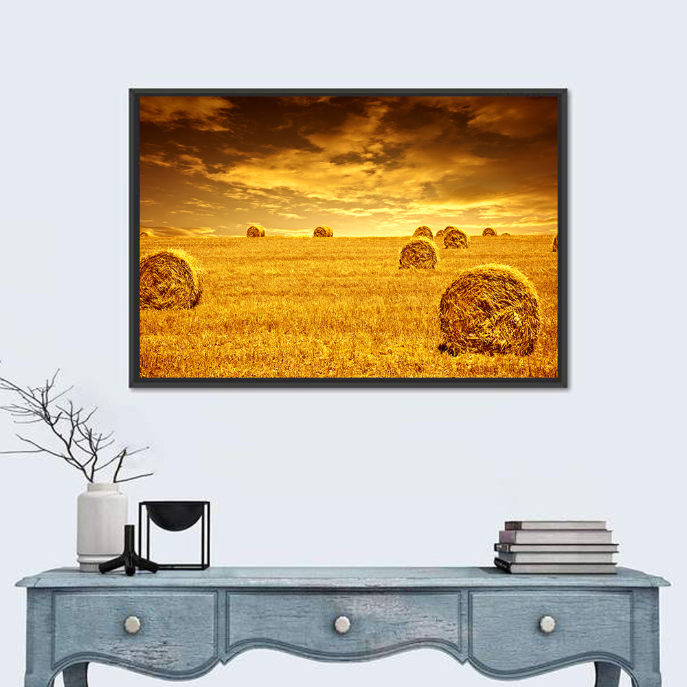 Golden Hour Haystacks Wall Art in a room, landscape
