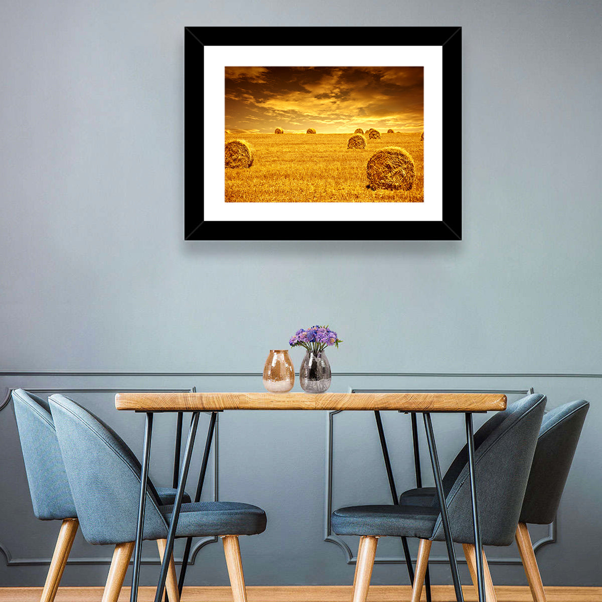Golden Hour Haystacks Wall Art in a room, landscape