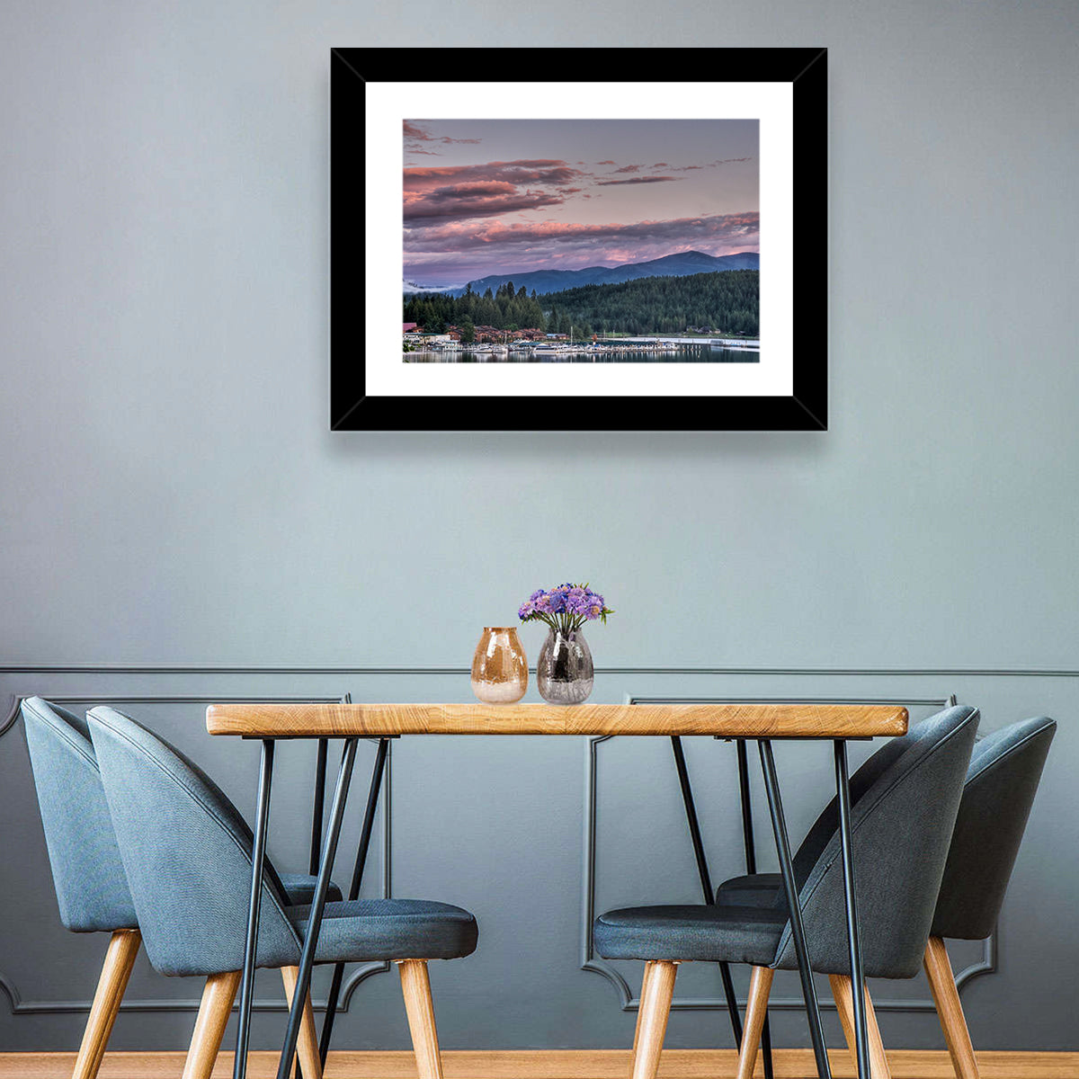 Lake Pend Oreille Twilight Reflection Wall Art in a room, landscape