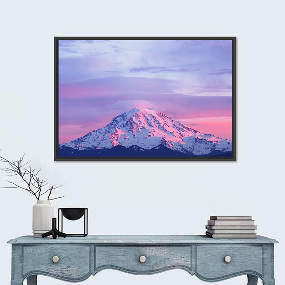 Mount Rainier Alpenglow with Lenticular Cloud Wall Art in a room, landscape