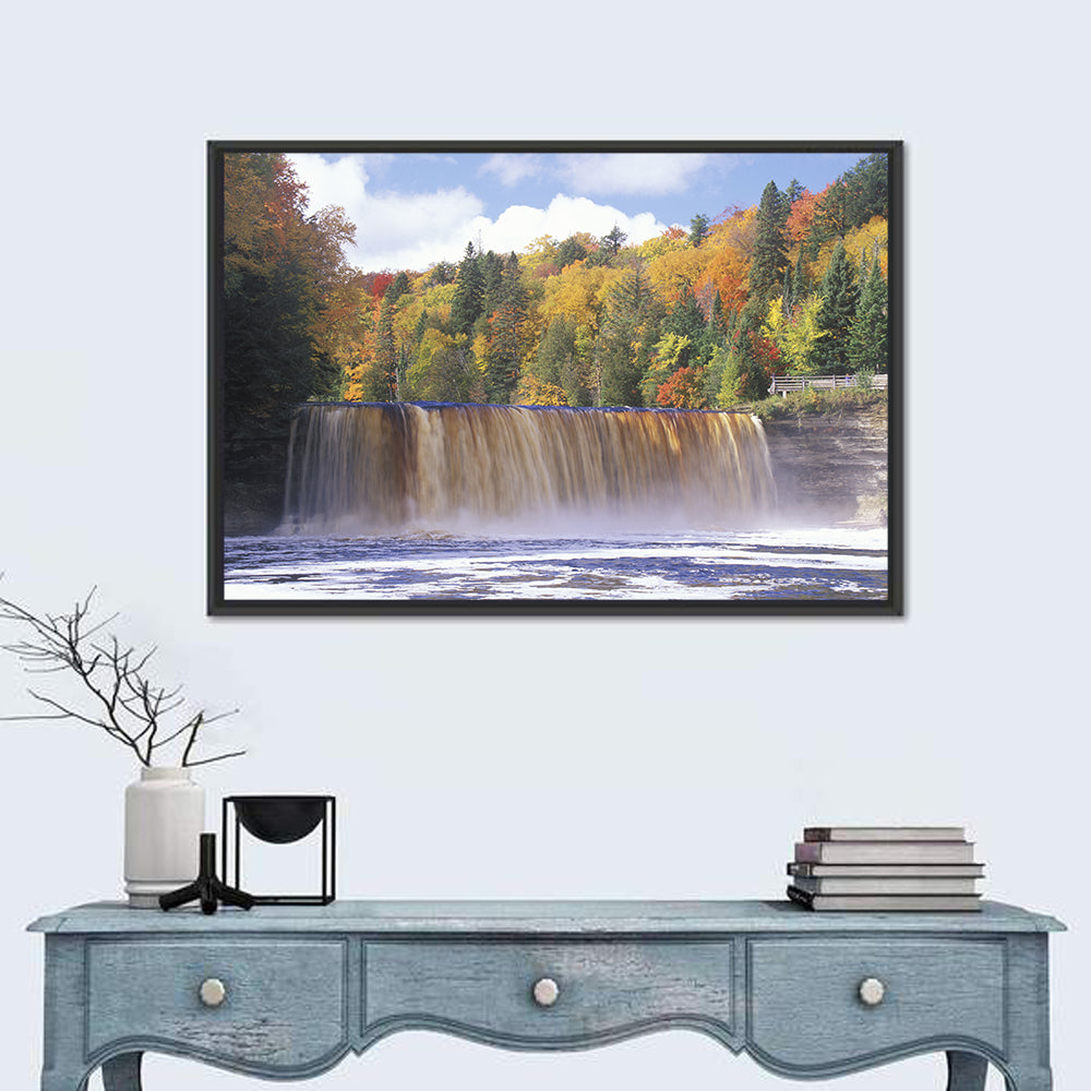 Tahquamenon Falls Autumn Waterfall Wall Art in a room, landscape