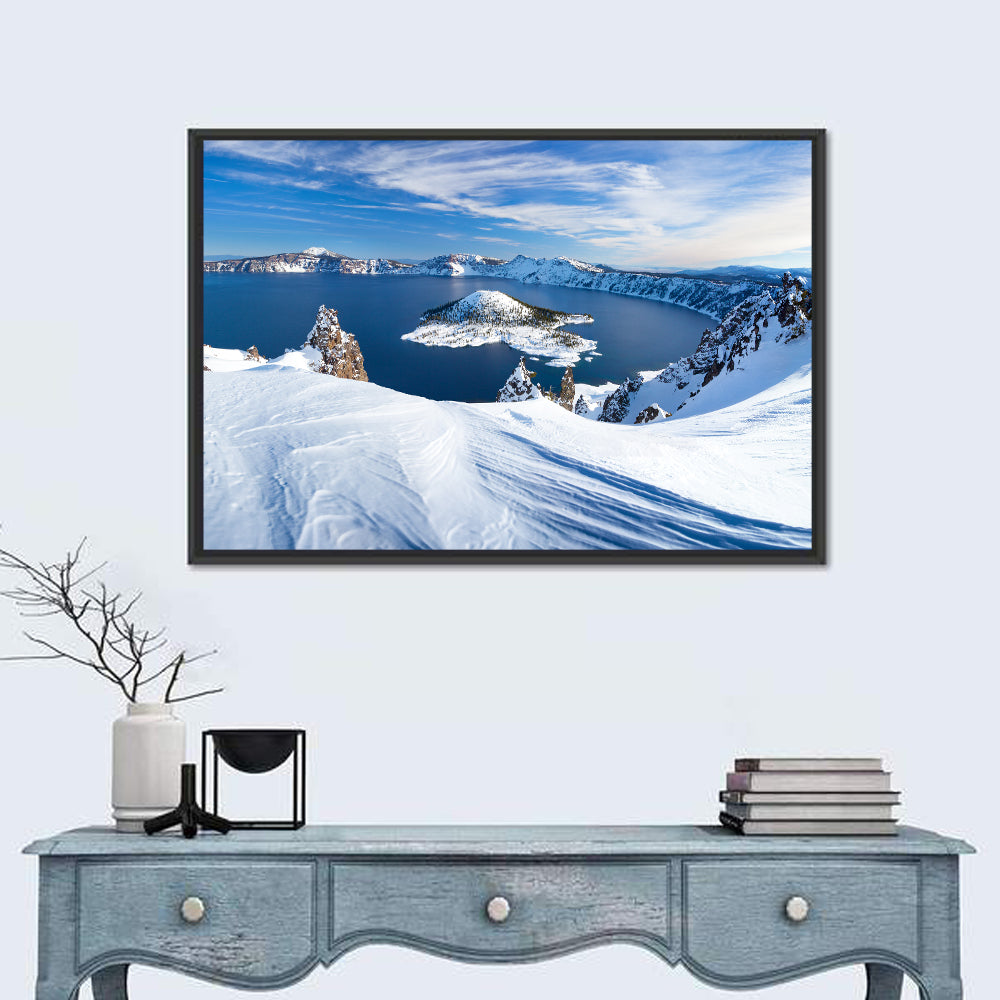 Crater Lake with Wizard Island Wall Art in a room, landscape