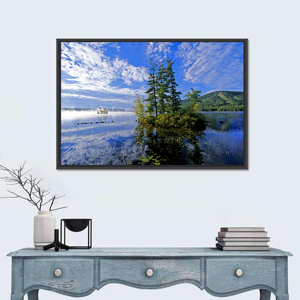 Misty Maine Lake Wall Art in a room, landscape