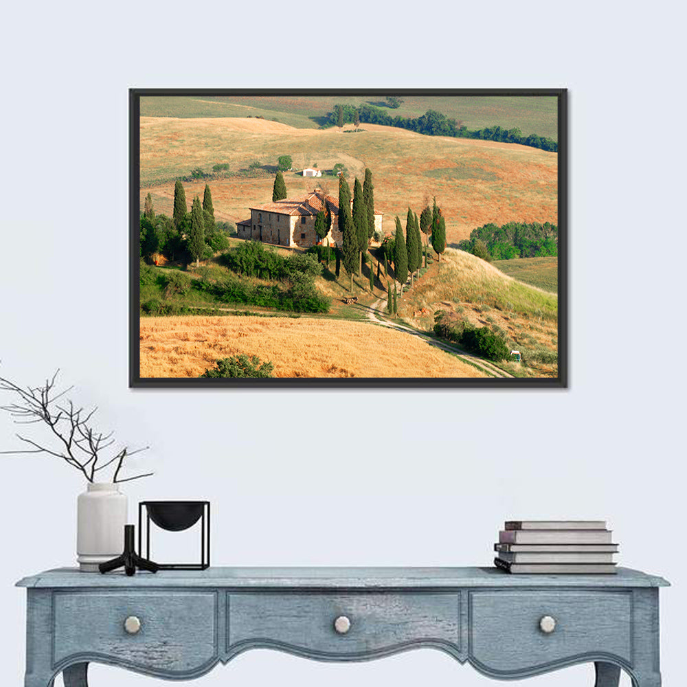 Golden Cypress Hill Villa Wall Art in a room, landscape