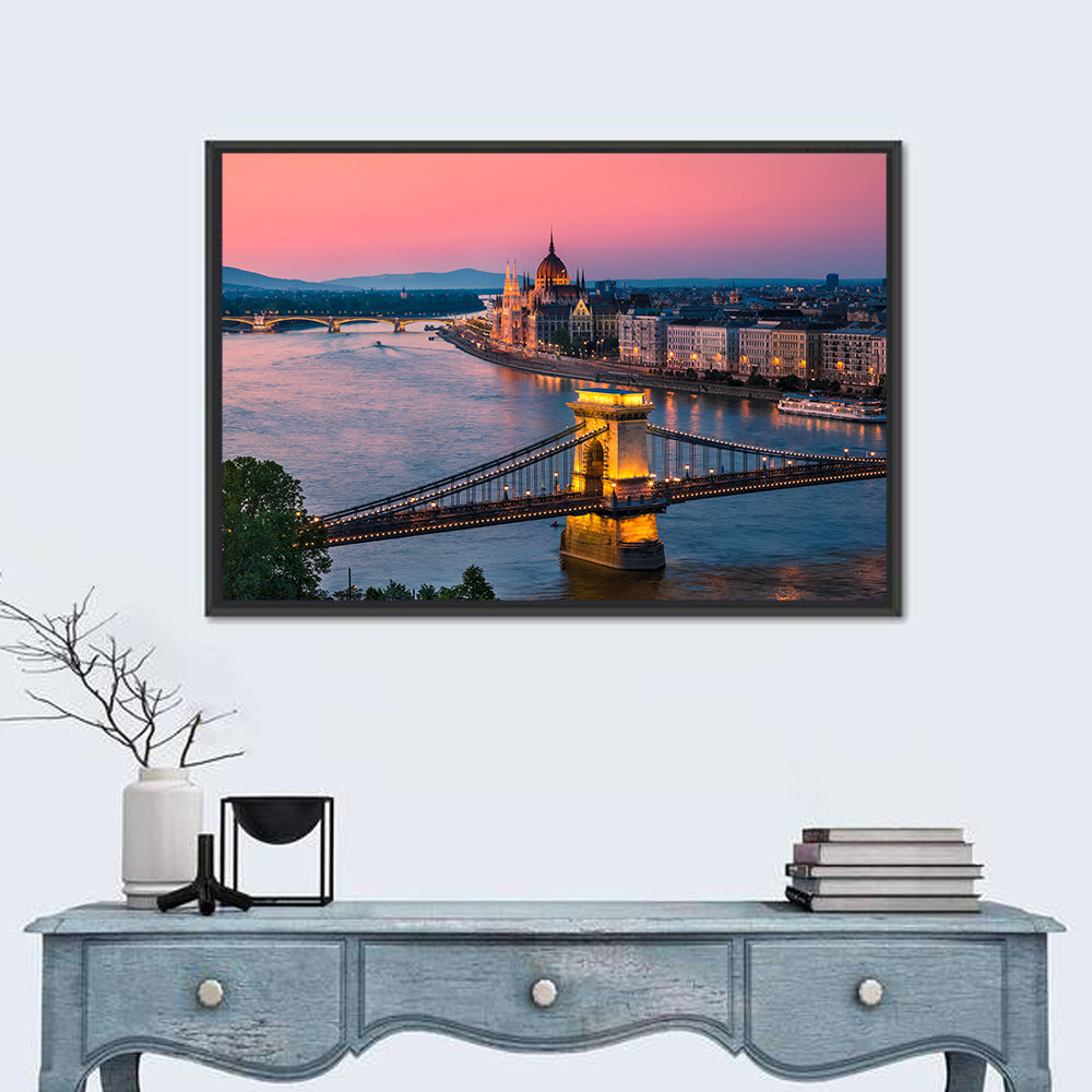 Budapest Chain Bridge at Twilight Wall Art in a room, landscape
