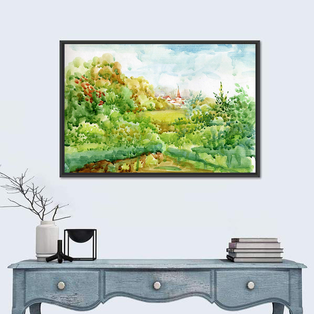 Red Steeple Village Watercolor Wall Art in a room, landscape