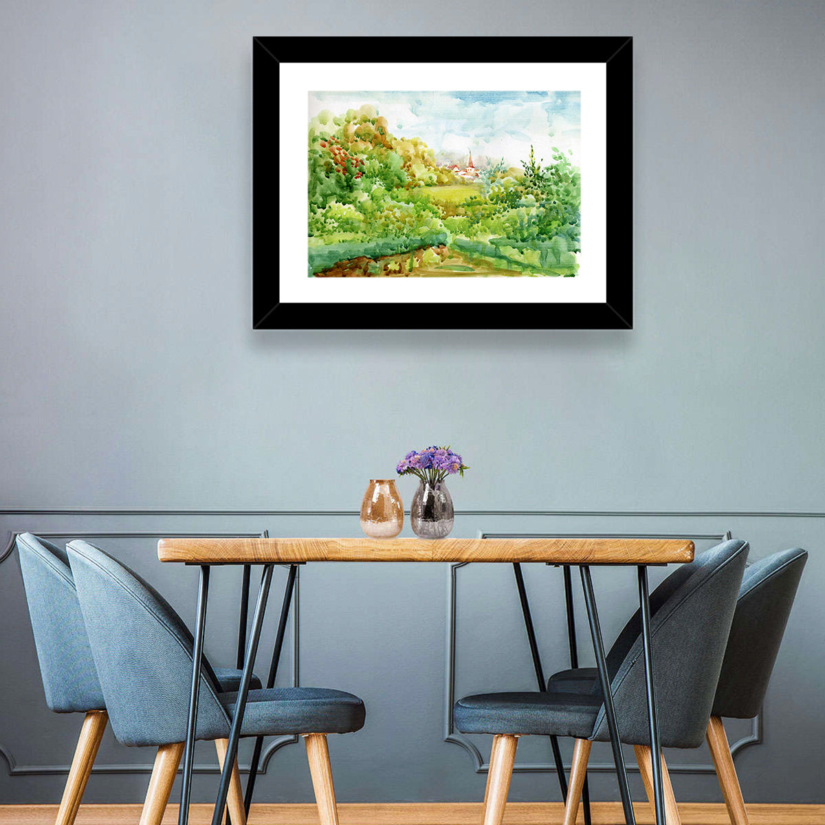 Red Steeple Village Watercolor Wall Art