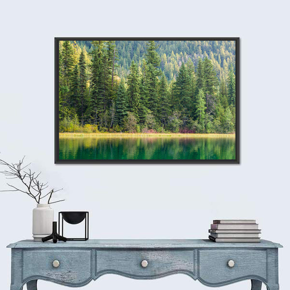Tranquil Forest Lake Wall Art in a room, landscape