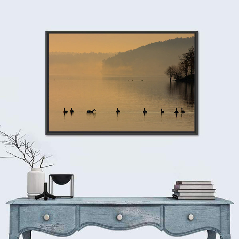 Lake Degray Geese Silhouette Wall Art in a room, landscape