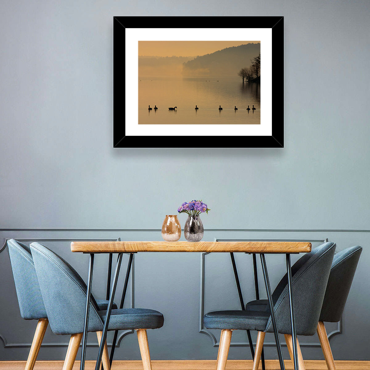 Lake Degray Geese Silhouette Wall Art in a room, landscape