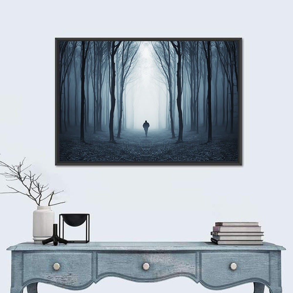 Lone Figure in Misty Forest Wall Art in a room, landscape