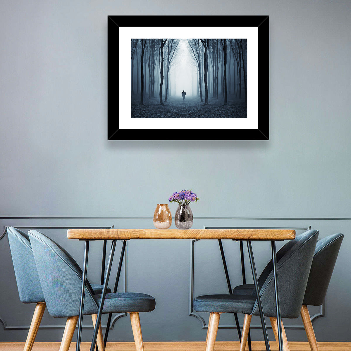 Lone Figure in Misty Forest Wall Art in a room, landscape