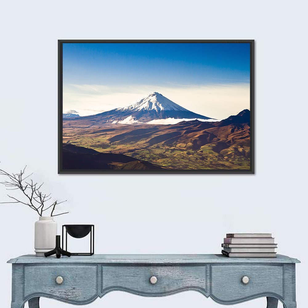 Cotopaxi Volcano Landscape Wall Art in a room, landscape