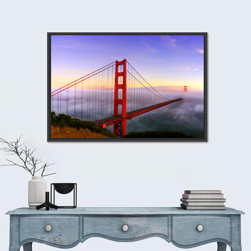 Foggy Golden Gate Bridge Wall Art in a room, landscape