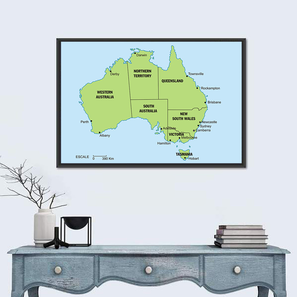 Minimalist Australia Map with State Labels Wall Art