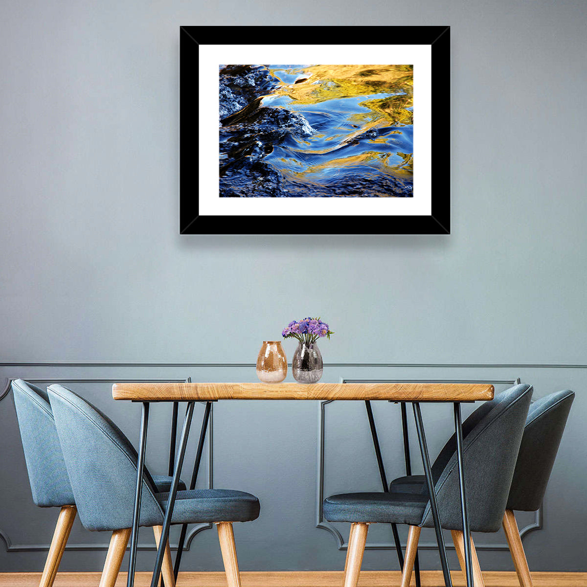 Flowing Stream with Golden Reflections Wall Art in a room, landscape