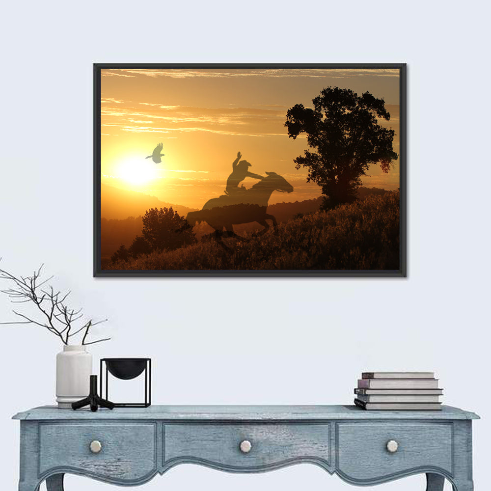 Cowboy Silhouette at Golden Sunset Wall Art